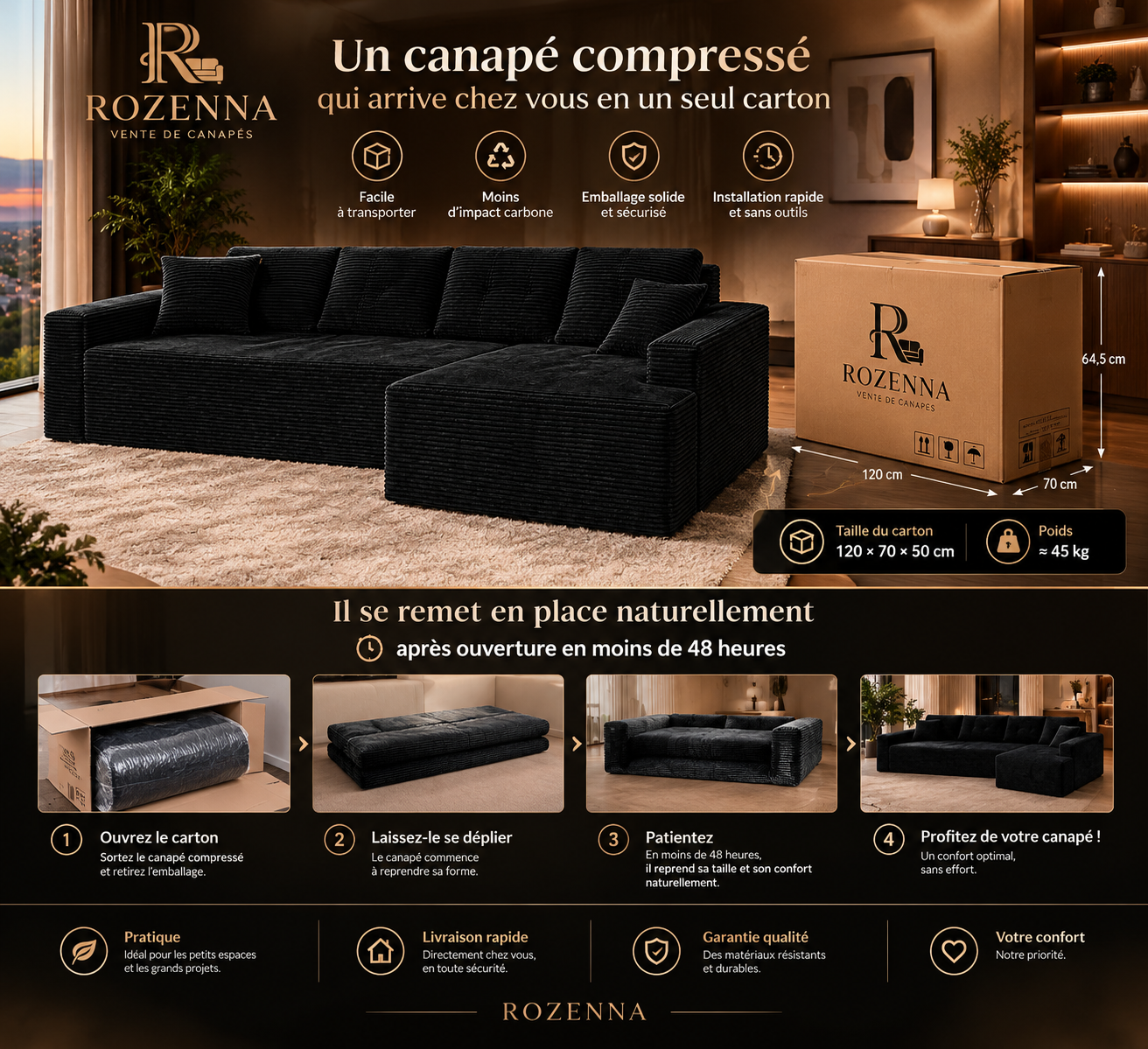 Canapé ROZENNA compressé avec son carton et ses dimensions